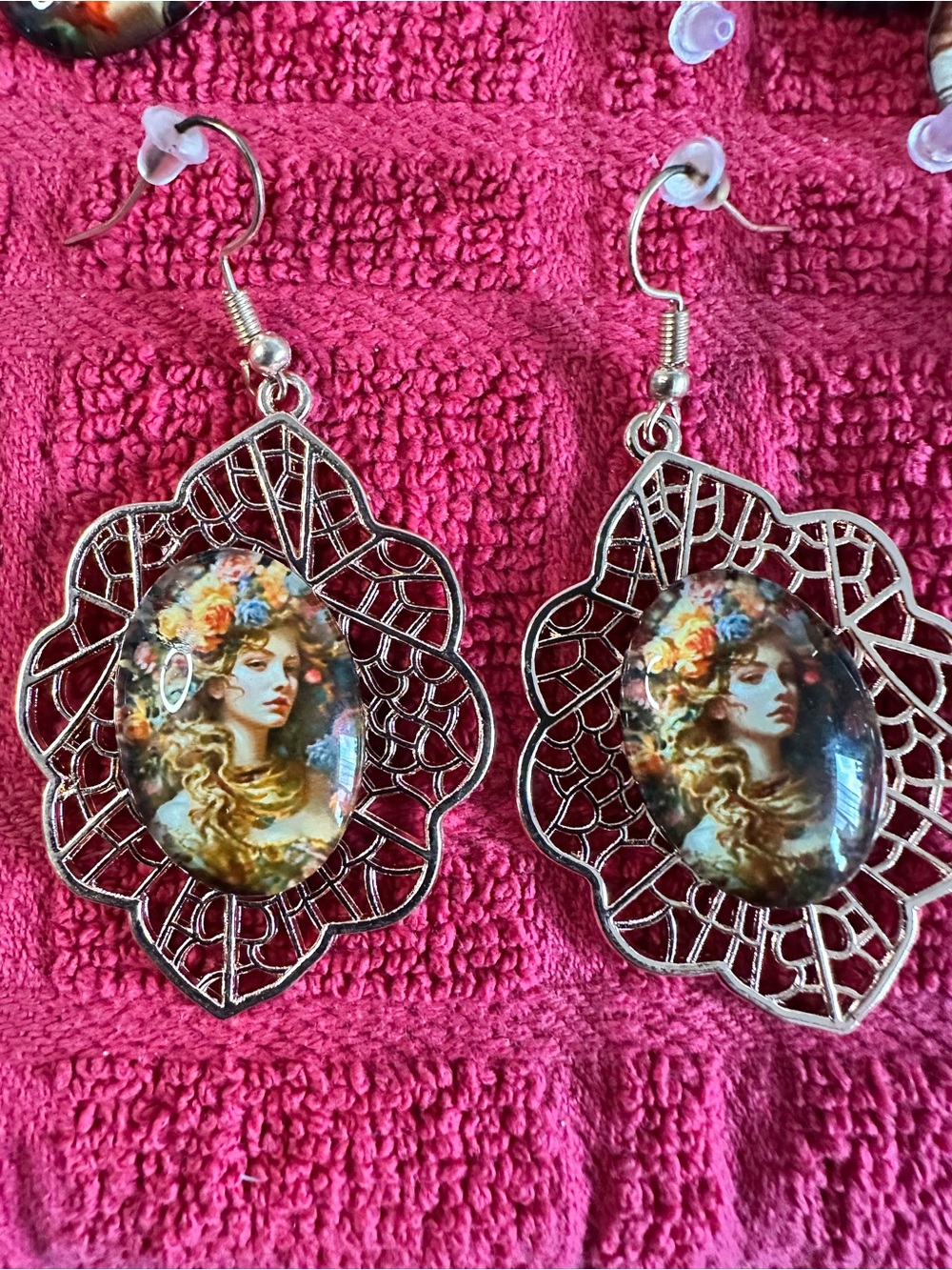 Gold Filigree Floral Portrait Dangle Earrings - Pink